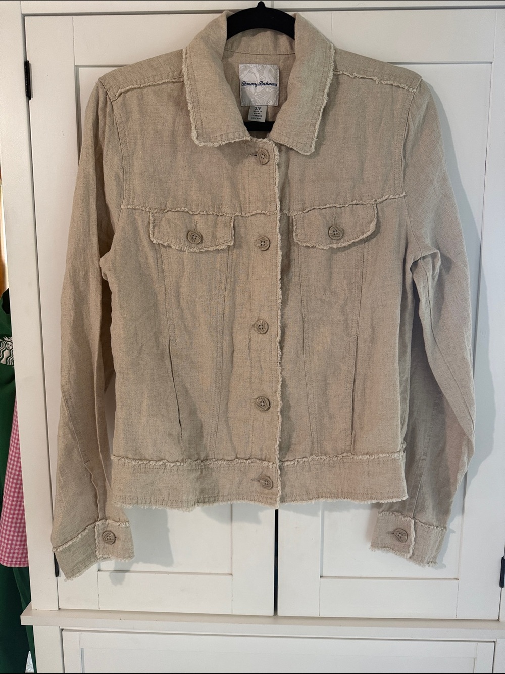 Tommy Bahama Two Palms Linen Beige Frayed-Edge Button Front Jean Jacket Snall